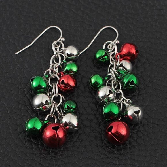 Christmas Jingle Bells Dangle Earrings, Make Noise - Green, Red, Silver Bells - Picture 1 of 9